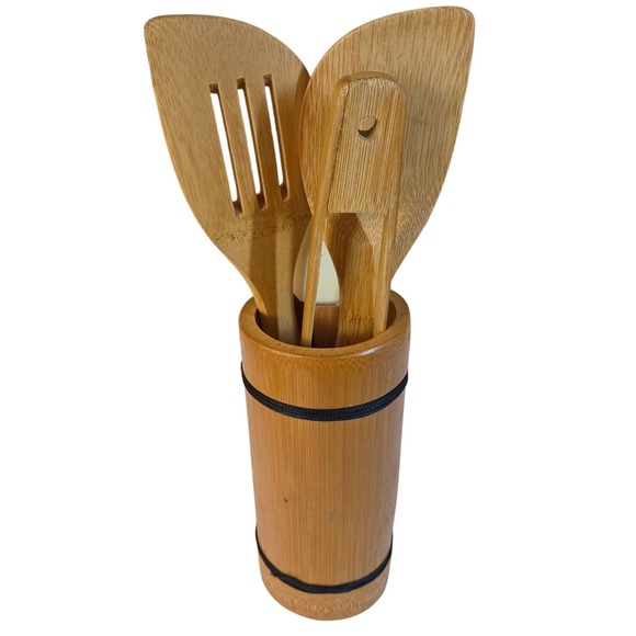Joyce Chen Bamboo Kitchen Utensil Holder with Cooking Utensils Set - Picture 1 of 8